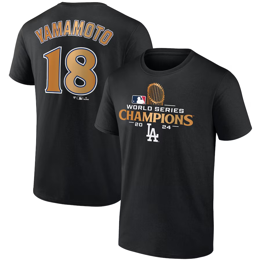 Men Los Angeles Dodgers #18 Yamamoto 2024 MLB World Series Champions black white T shirts